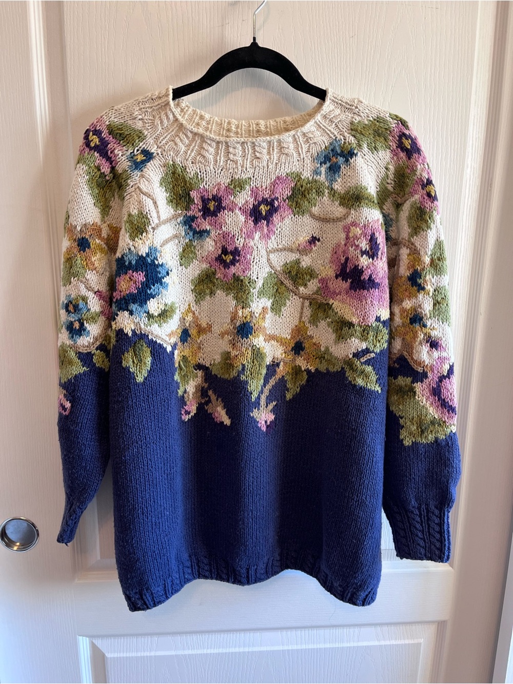 Vintage Hand-Knit Floral 80s Cullinane Sweater Ramie Cotton Cottagecore • L - Picture 2 of 9